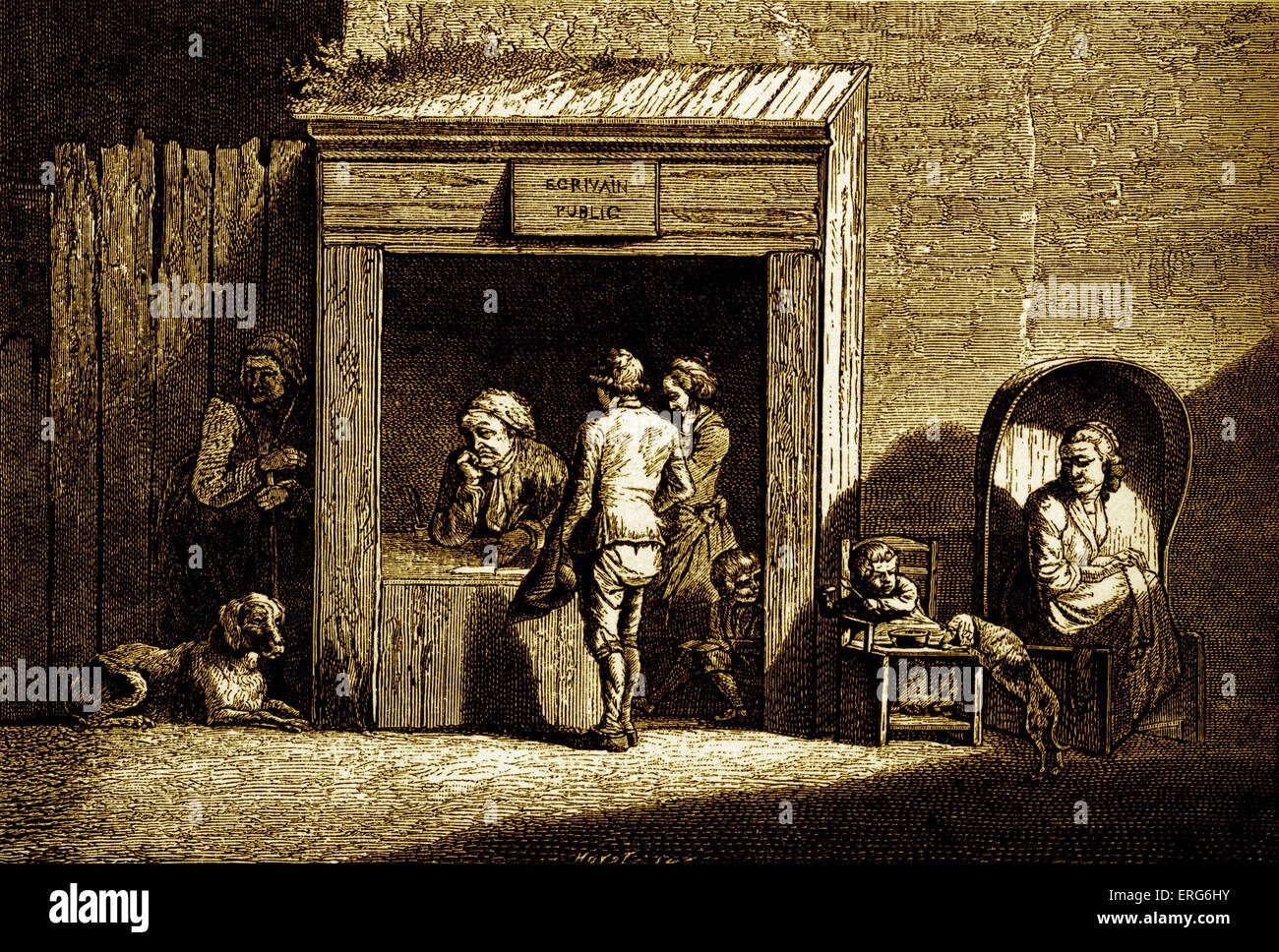 Alltag in der Geschichte Frankreichs: öffentliche Briefeschreiber (Écrivain öffentlich) in den Straßen von Paris aus dem 18. Jahrhundert. Arbeiten Stockfoto