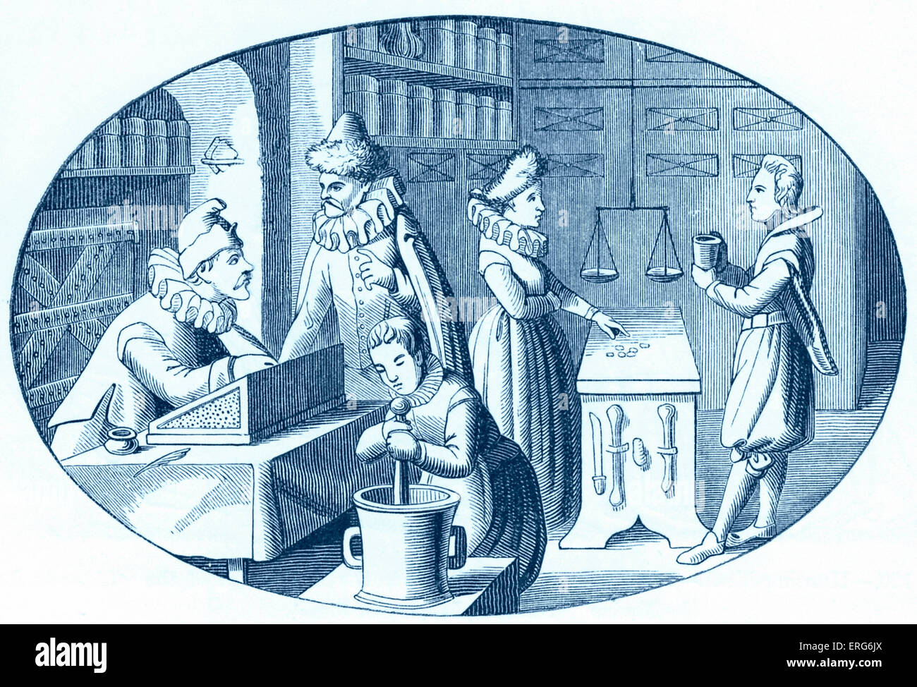Apotheke, übernommen aus 17. Jahrhundert Briefmarke Vriese. Die Bildunterschrift lautet "Shop von einem Lebensmittelhändler und Drogist". Stockfoto
