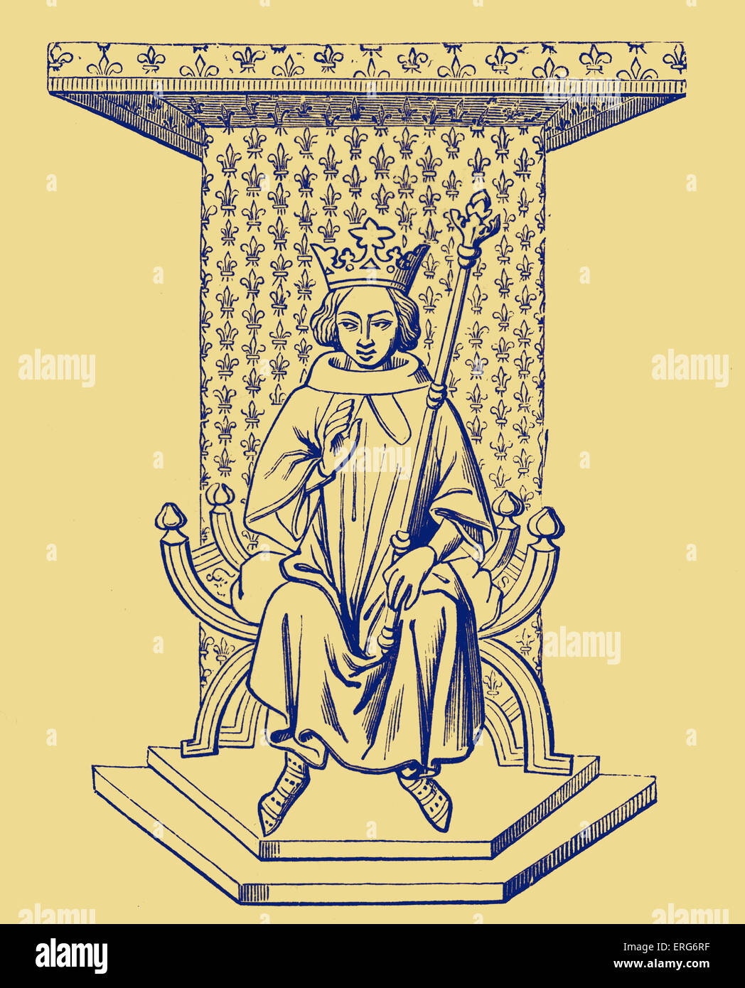 Ludwig IX., König von Frankreich, auf dem Thron, übernommen aus: eine Miniatur des vierzehnten Jahrhunderts. 25 April 1214 – 25 August 1270. Stockfoto