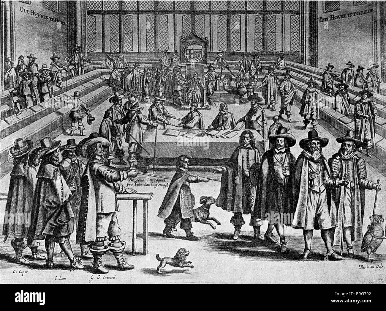Cromwell Ausweisung des Parlaments, 1653, übernommen aus 17. Jahrhundert satirische niederländische Print. Oliver Cromwell, Lord Stockfoto