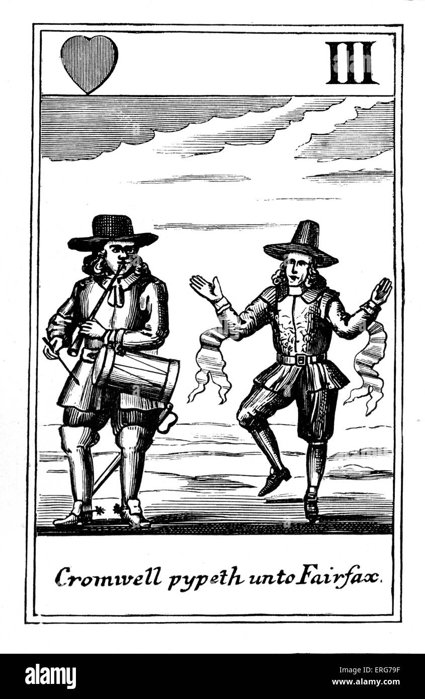 "Cromwell Pypeth an Fairfax" - eine satirische Cavalier Spielkarte aus dem siebzehnten Jahrhundert. Stockfoto