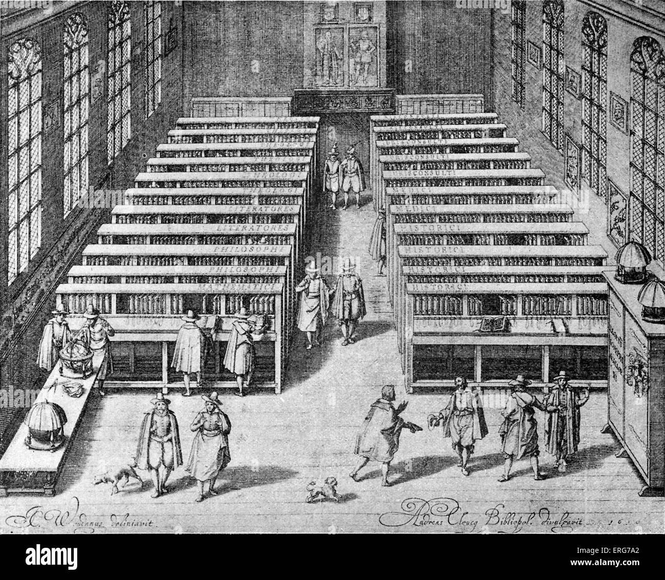 Die Universitätsbibliothek in Leiden, Holland, im siebzehnten Jahrhundert, von einem niederländischen Gravur nach dem ursprünglichen 1610-Öl Stockfoto