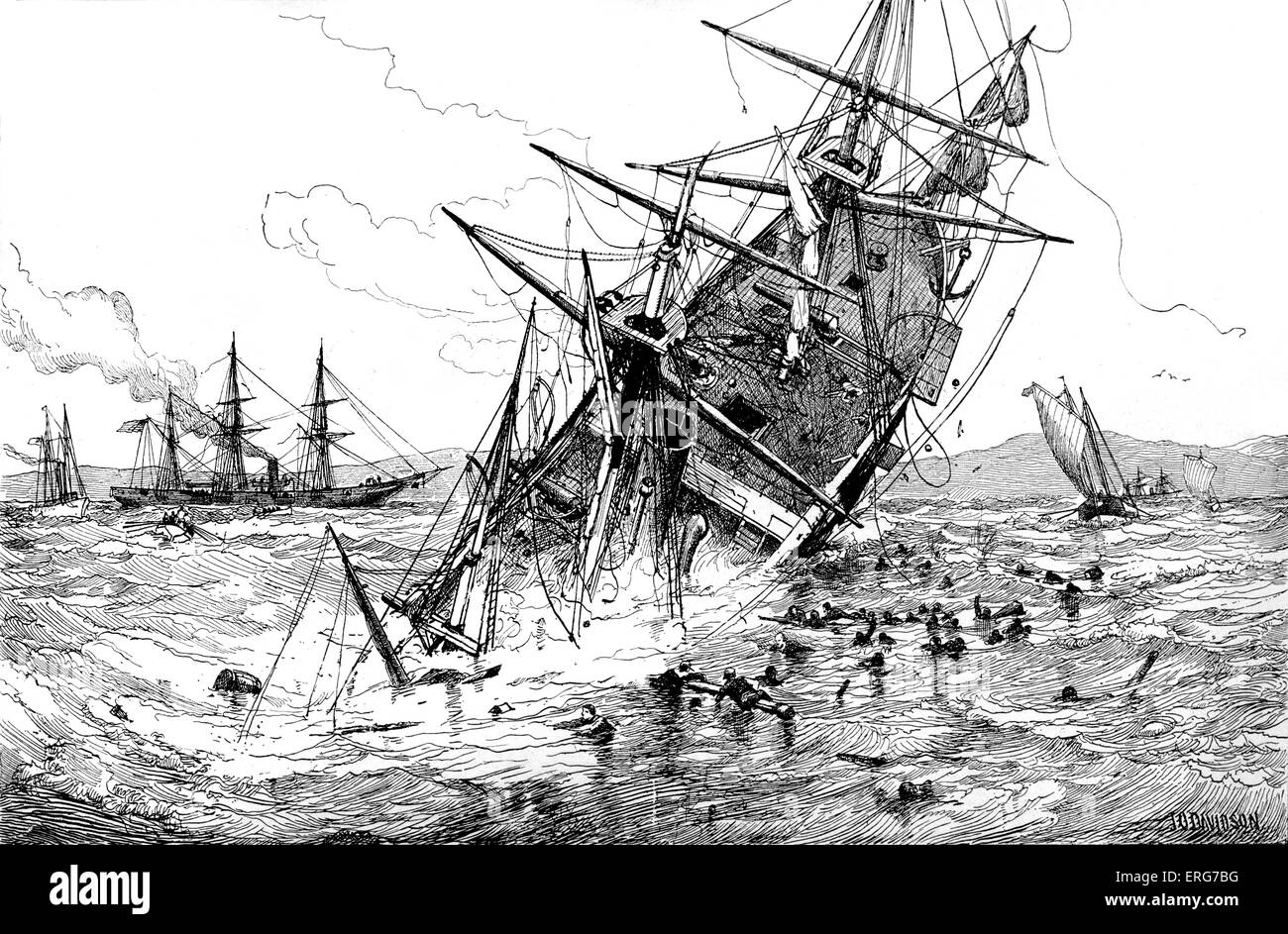 Der Untergang der CSS Alabama in der Schlacht von Cherbourg im Jahre 1864. CSS Alabama hatte gefangengenommen oder zerstört Dutzende von Union Kaufmann Stockfoto