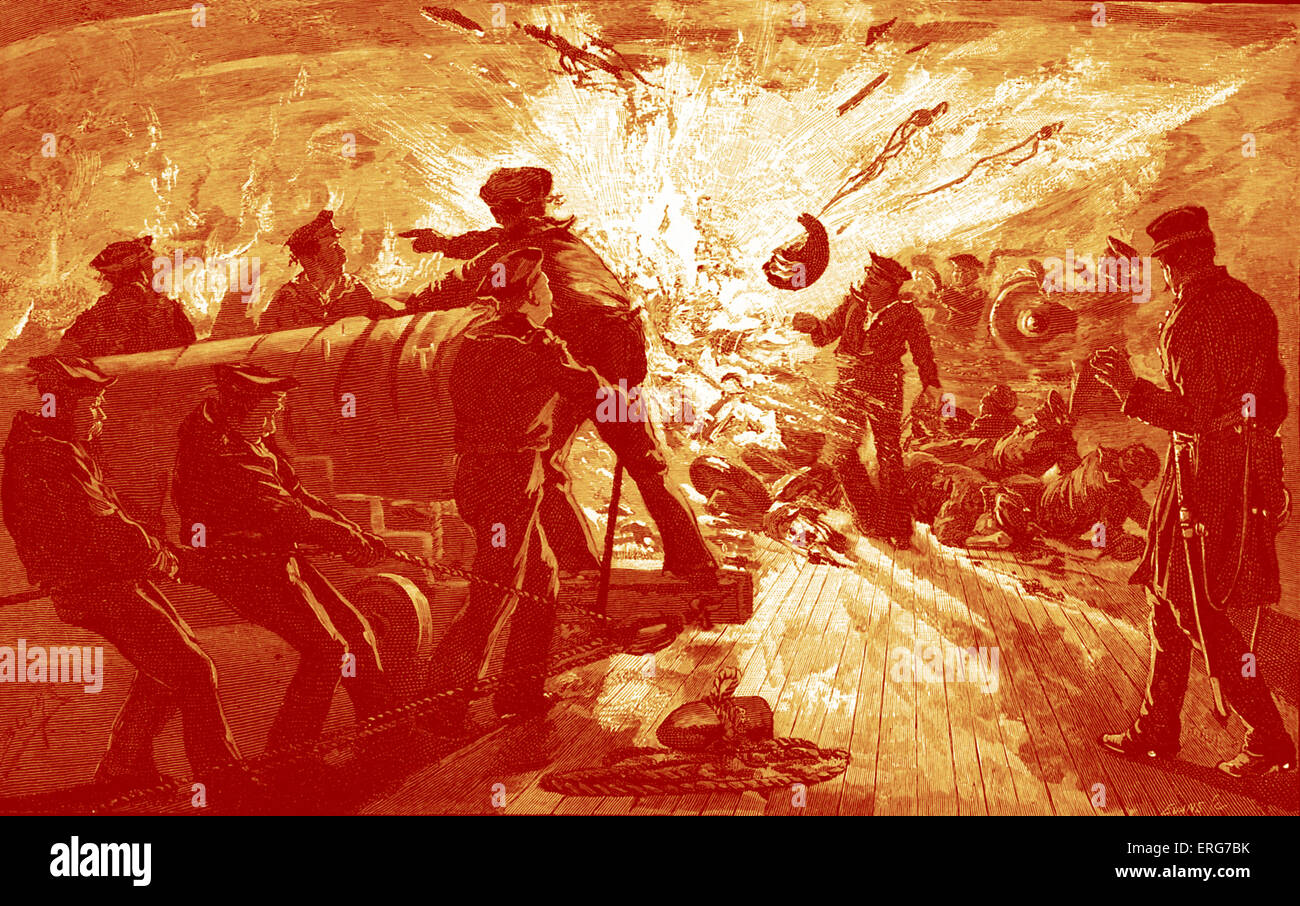 Explosion einer Kanone auf der USS Carondelet während der Schlacht von Fort Donelson im Februar 1862. Amerikanischer Bürgerkrieg.  Die Union Stockfoto