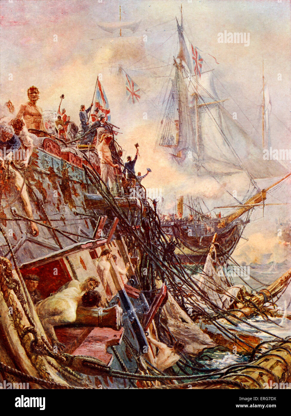 "Verkrüppelt aber unbesiegten" von W L Wyllie. Die HMS Belleisle war der einzige britische Schiff zu Demasted in der Schlacht von Trafalgar, behielt aber ihre Flagge für 45 Minuten, bevor sie durch den Rest der Flotte gerettet wurde. William Lionel Wyllie, englischer Maler, 5. Juli 1851 - 6. April 1931. Stockfoto