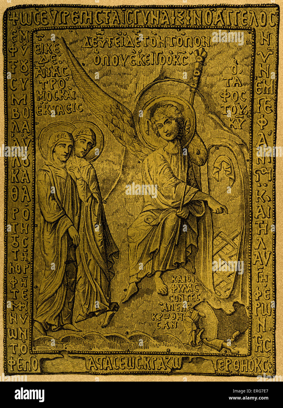 Panel der Bucheinband aus dem 9. Jahrhundert. Mit dem griechischen schreiben. Bas - Relief in gold Reponse. Stockfoto