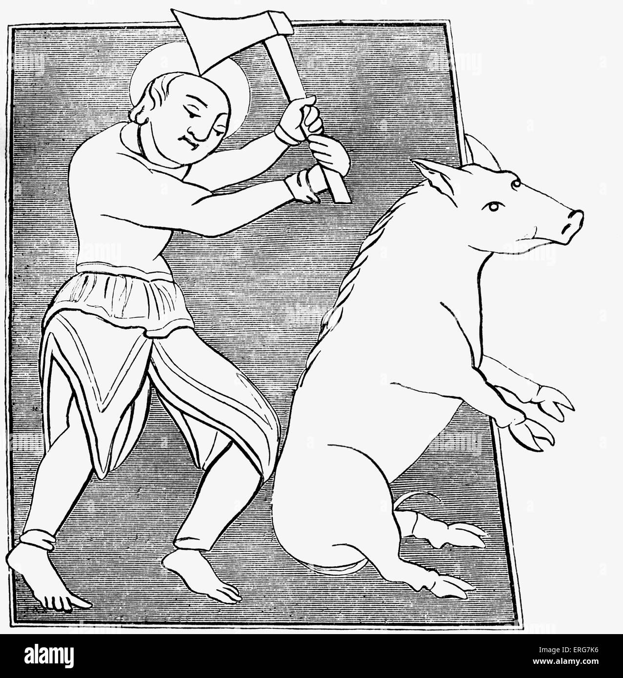 Der Metzger Schweinefleisch aus ein Faksimile einer Miniatur in einer Urkunde des vierzehnten Jahrhunderts. Stockfoto