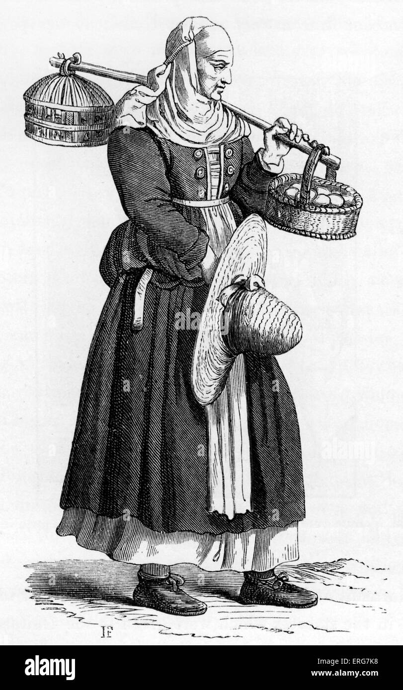 Ei-Verkäufer von Cesare Vecellio, aus ein Faksimile von einem Holzschnitt des 16. Jahrhunderts. Die Bildunterschrift lautet "Einen Händler in den Eiern". Italienisch Stockfoto