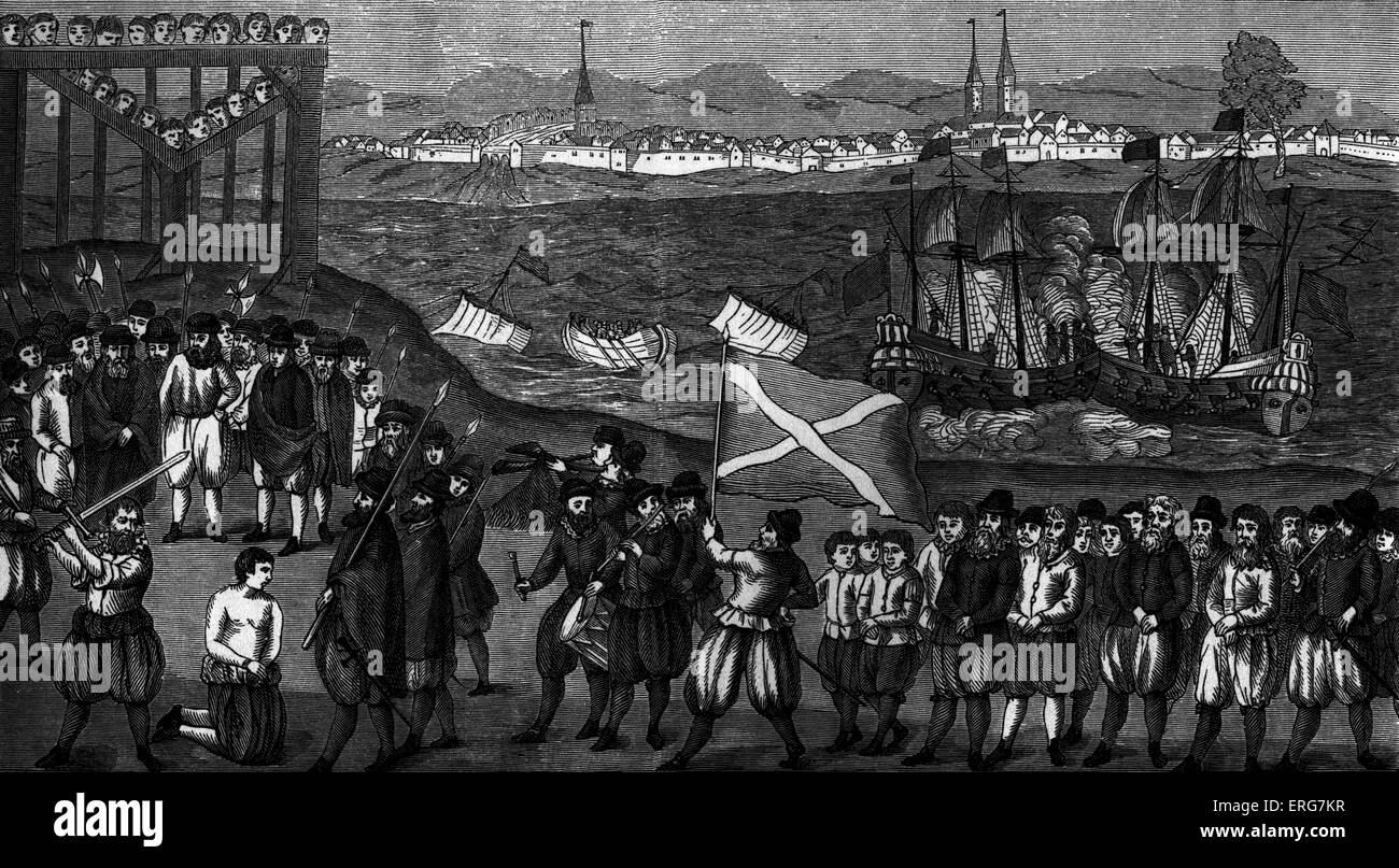 Ausführung von Klaus Störtebeker, der Piraten und Anführer der Victual Brüder, zusammen mit 70 seiner Komplizen in Hamburg. Stockfoto