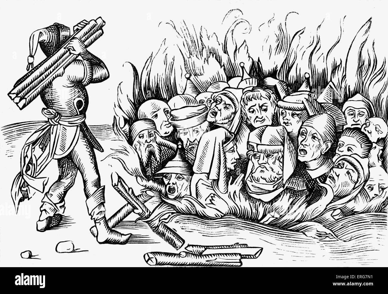 Der Kölner Juden verbrannt lebendig, von einem Holzschnitt in einem 1493 Folio der Liber Chronicarum Mundi reproduziert. Das erste pogrom Stockfoto