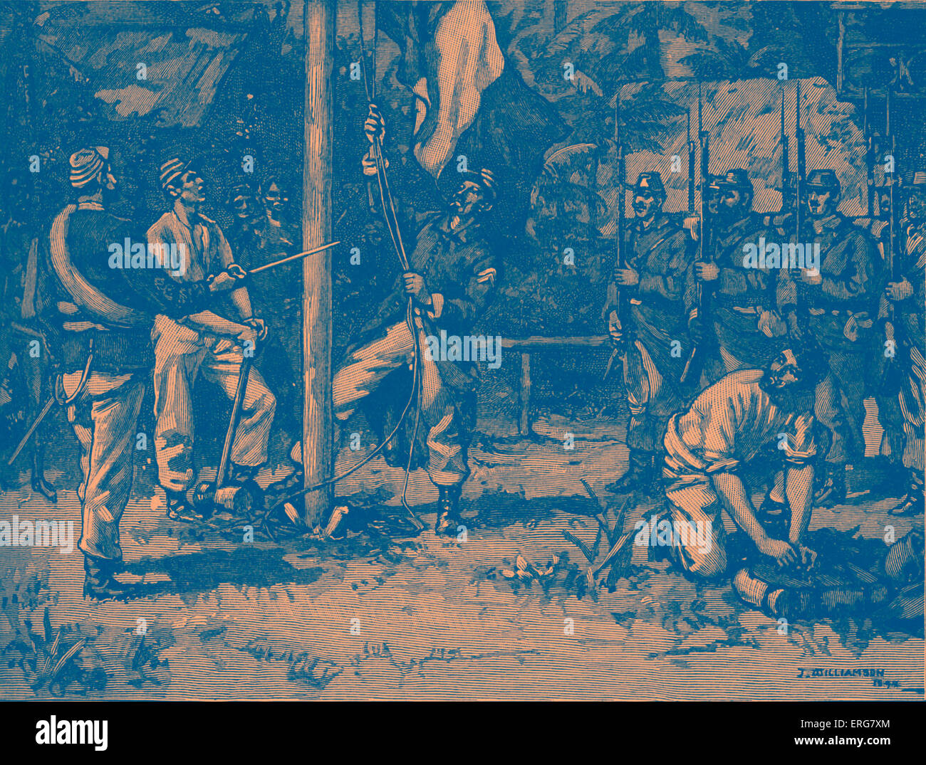 "Hissten die französische Flagge in den neuen Hebriden - Invasion der Inseln im Südpazifik (heute Vanuatu) durch französische Truppen am 1 Stockfoto