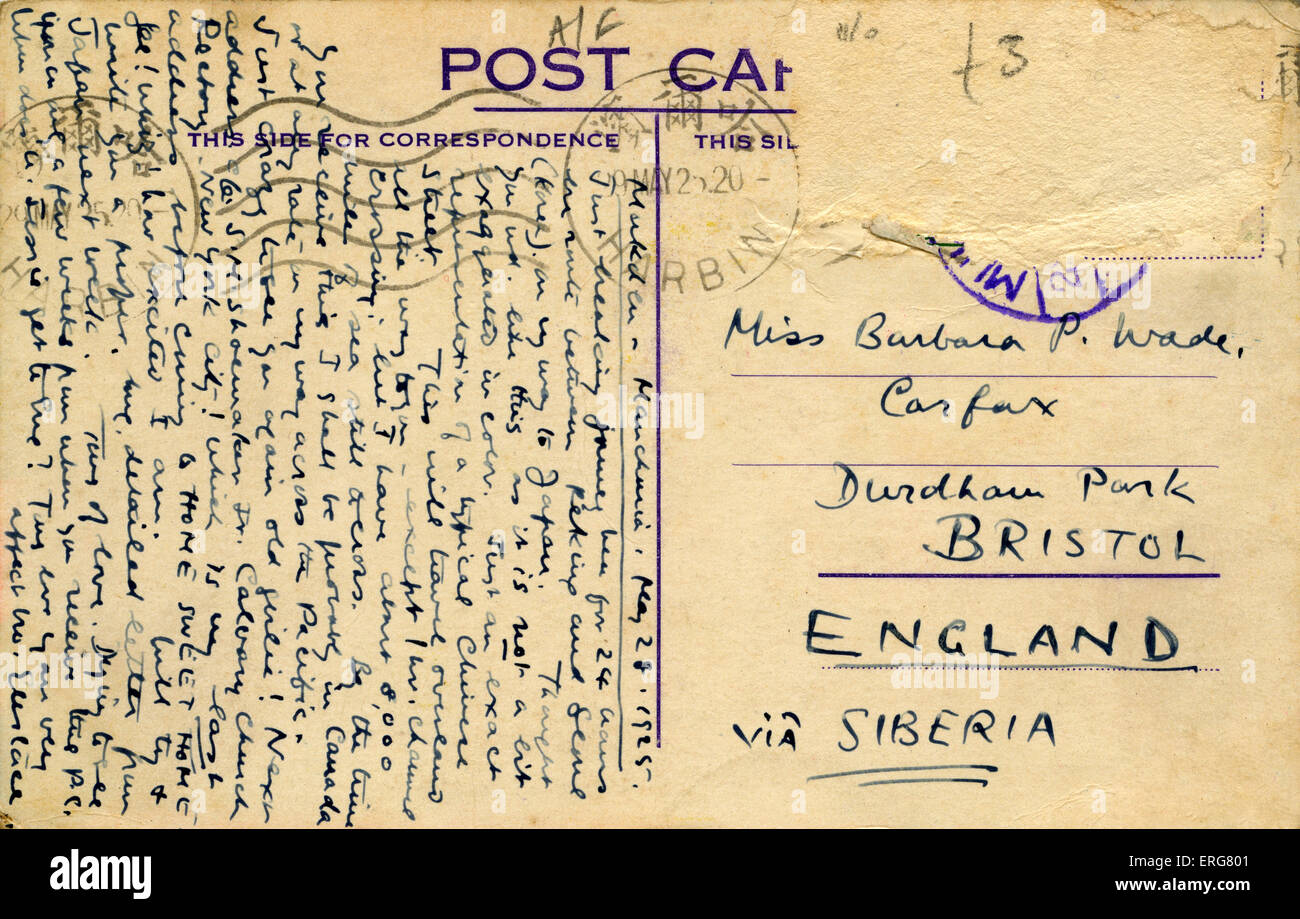 Postkarte von Mukden, China - 1925. Gesendet: Miss Barbara P. Wade, Carfax, Durdham Park, Bristol, England, über Sibirien. Stockfoto