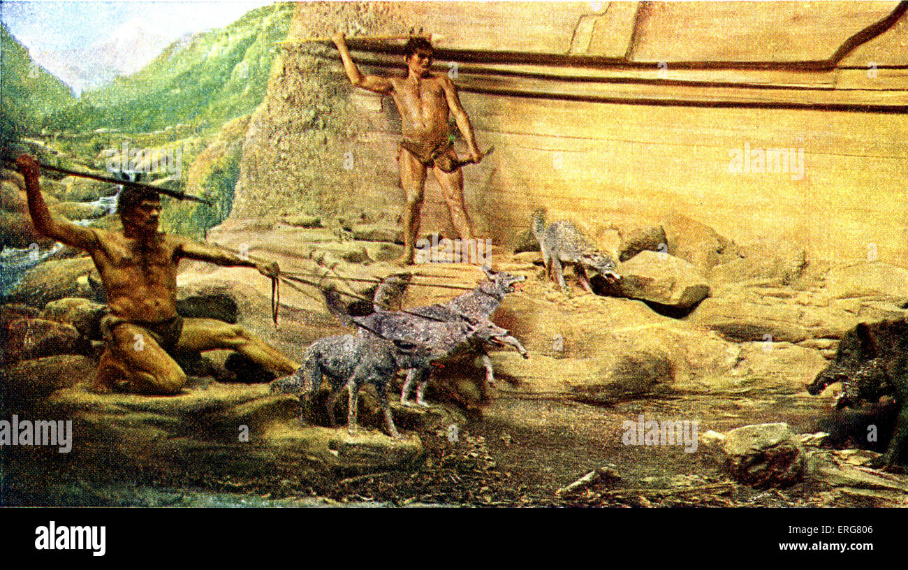 Urmenschen - Azilien Kultur. Rekonstruktion der Jagdszene.  Bleibt im heutigen nördlichen Spanien und Südeuropa Stockfoto