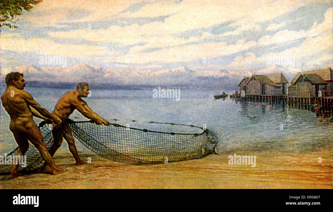 Urmenschen - See-Bewohner. Rekonstruktion der Fischerei Szene.  Am Ufer des Neuenburgersees Moderntag Funde, Stockfoto