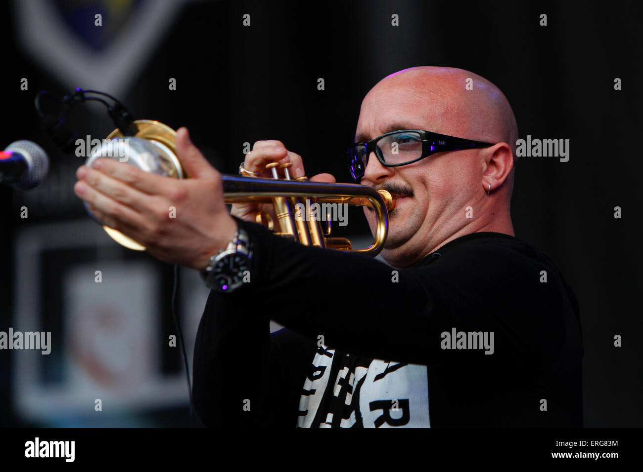 Turin, Italien, 2. Juni 2015. Trompeter Giovanni Falzone in Konzert während der letzte Tag des Events auf Torino Jazz Festival. Stockfoto