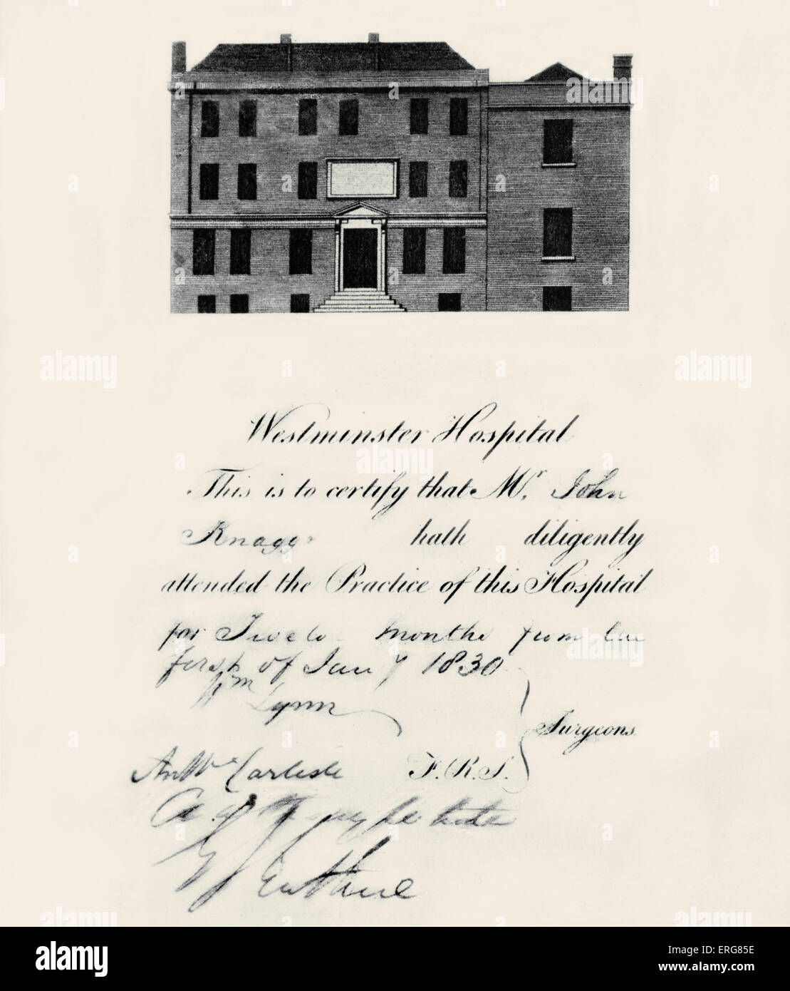 Westminster Hospital Medizinstudent Zertifikat. "hat die Praxis des Krankenhauses für fleißig besucht... 1830'. Stockfoto