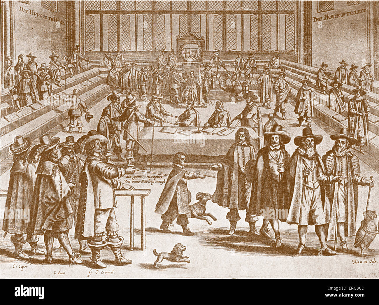 Cromwell Ausweisung des Parlaments, 1653, übernommen aus 17. Jahrhundert satirische niederländische Print. Oliver Cromwell, Lord Stockfoto