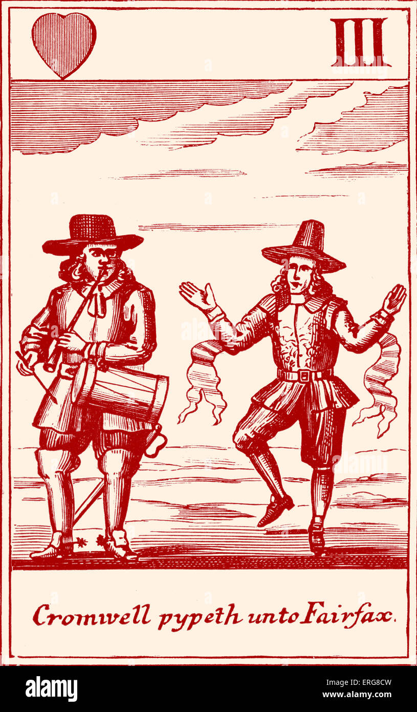 "Cromwell Pypeth an Fairfax" - eine satirische Cavalier Spielkarte aus dem siebzehnten Jahrhundert. Stockfoto