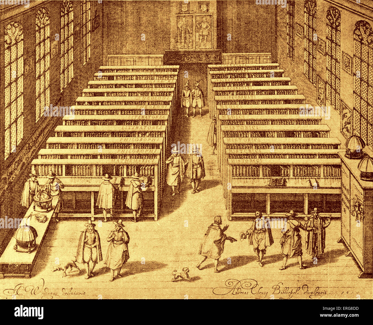 Die Universitätsbibliothek in Leiden, Holland, im siebzehnten Jahrhundert, von einem niederländischen Gravur nach dem ursprünglichen 1610-Öl Stockfoto