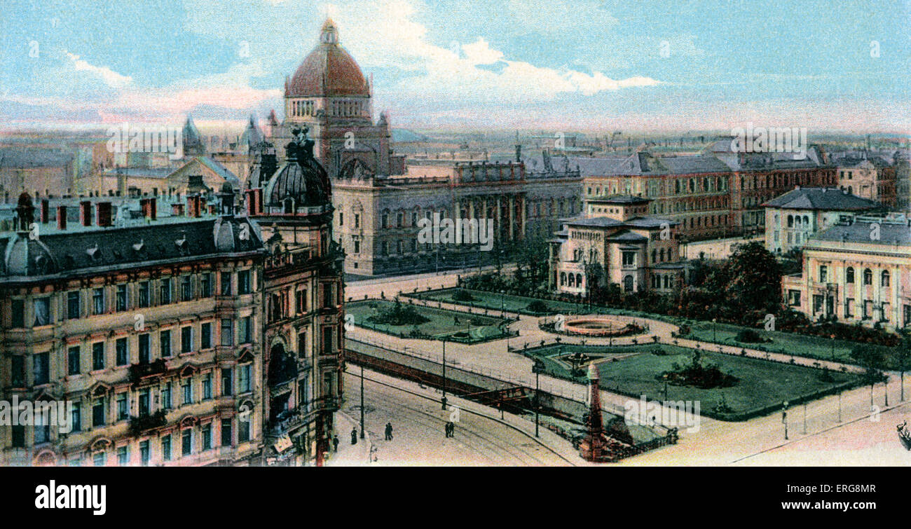 Reichsgericht (Gericht des Deutschen Reiches), Leipzig, Deutschland, ca. 1904. Straßenszene von oben. Höchstes Gericht im deutschen Stockfoto