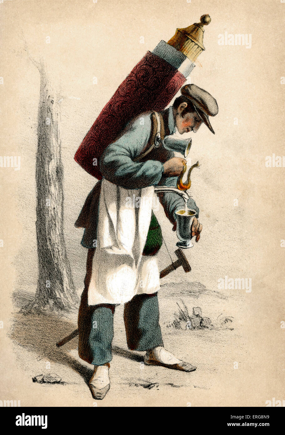 Marchand de Choco: 19. Jahrhundert Französisch Person, die zu Fuß bewegen würde verkaufen heißen Schokolade aus einem tragbaren Behälter. Stockfoto