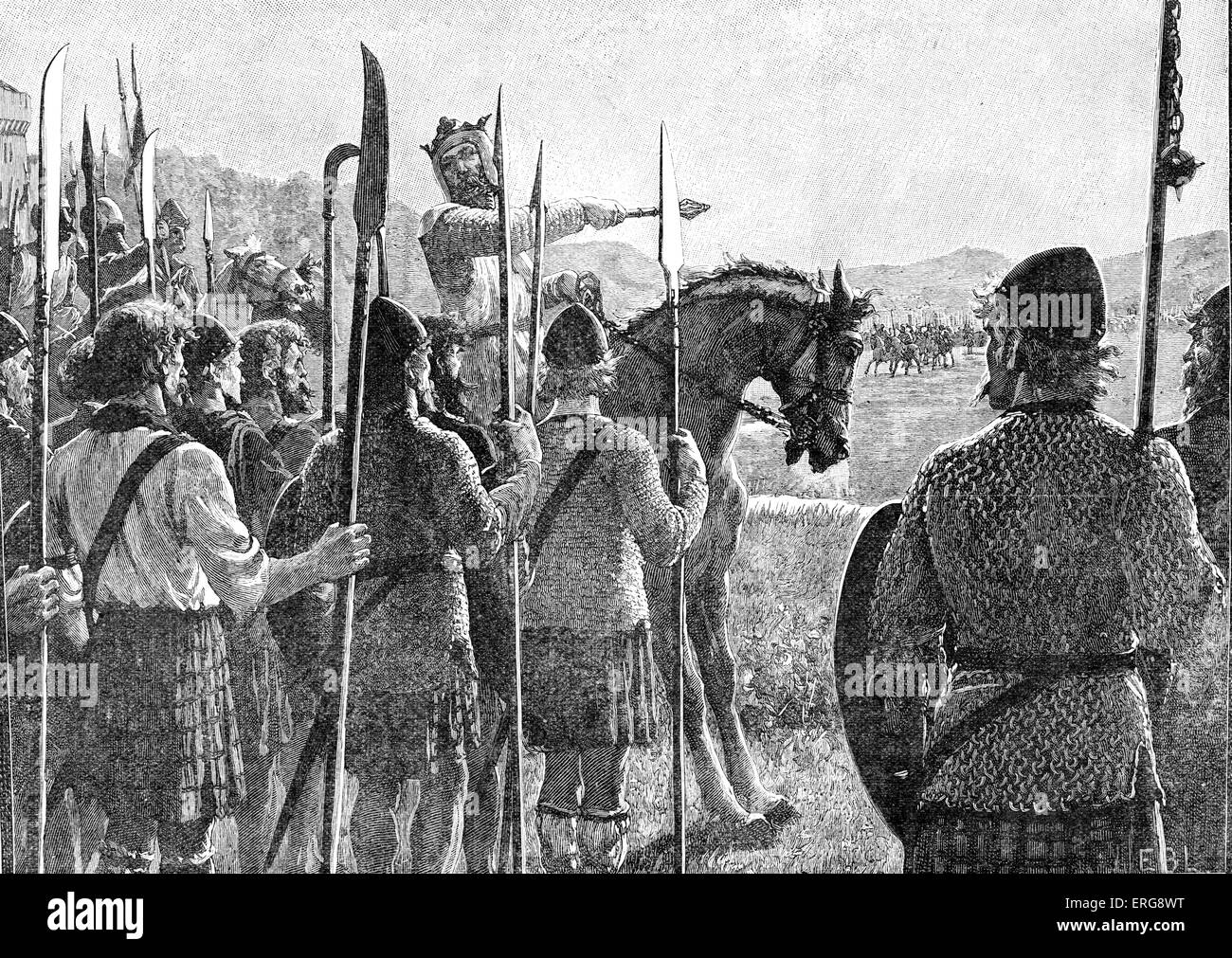 Schlacht von Bannockburn - Robert the Bruce seine Truppen vor der Schlacht zu überprüfen. 24 Juni 1314. Bedeutender schottischer Sieg in der Stockfoto