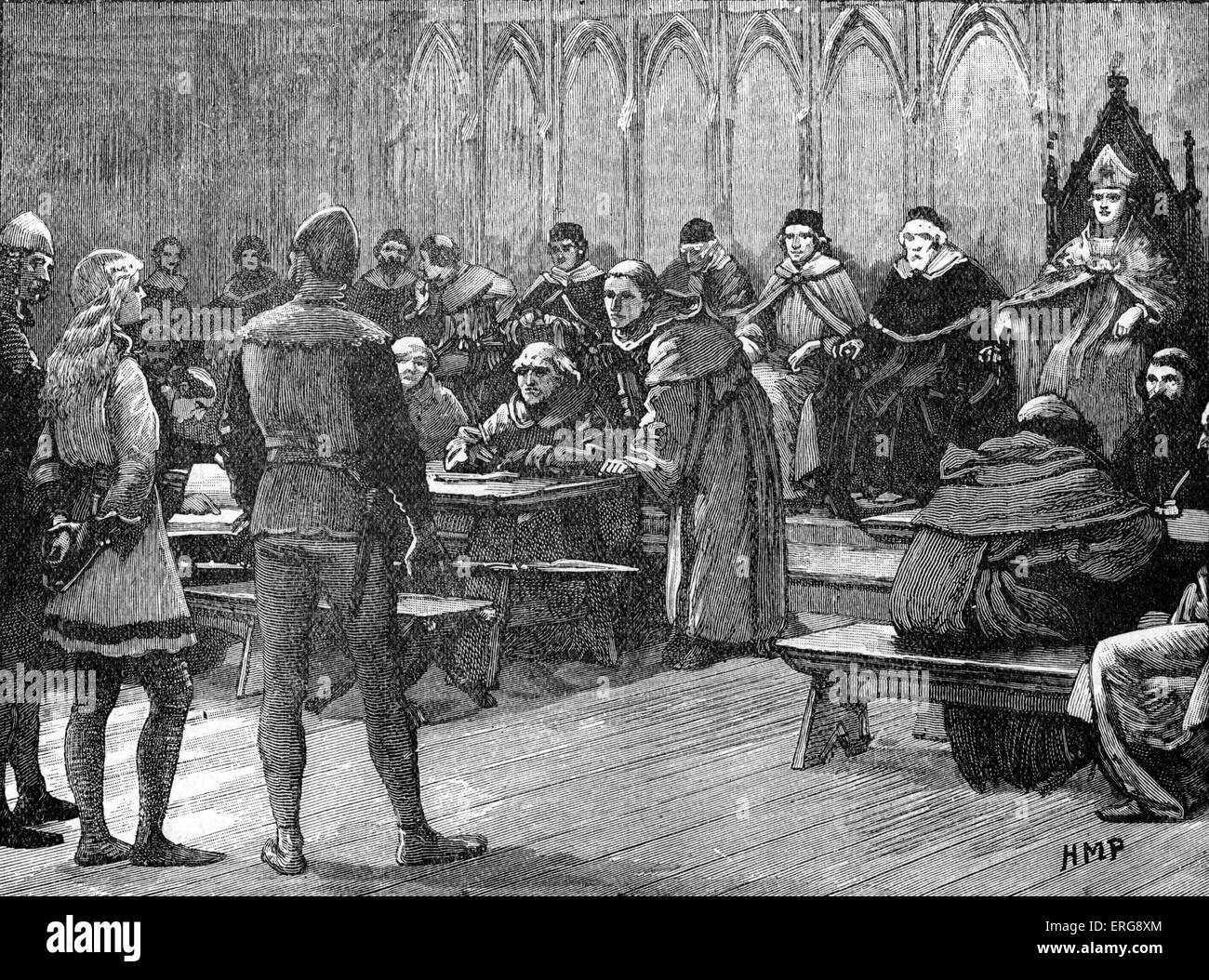 Joan of Arc Verhandlung, 1431. Sie führte die französische Armee auf mehrere wichtige Siege während des Hundertjährigen Krieges die Weichenstellung für die Krönung von Charles VII. Französische weibliche Patriot gegen die englische Armee, auf dem Scheiterhaufen wegen Hexerei verbrannt. 6 Januar 1412 - Mai 30. 1431. Stockfoto