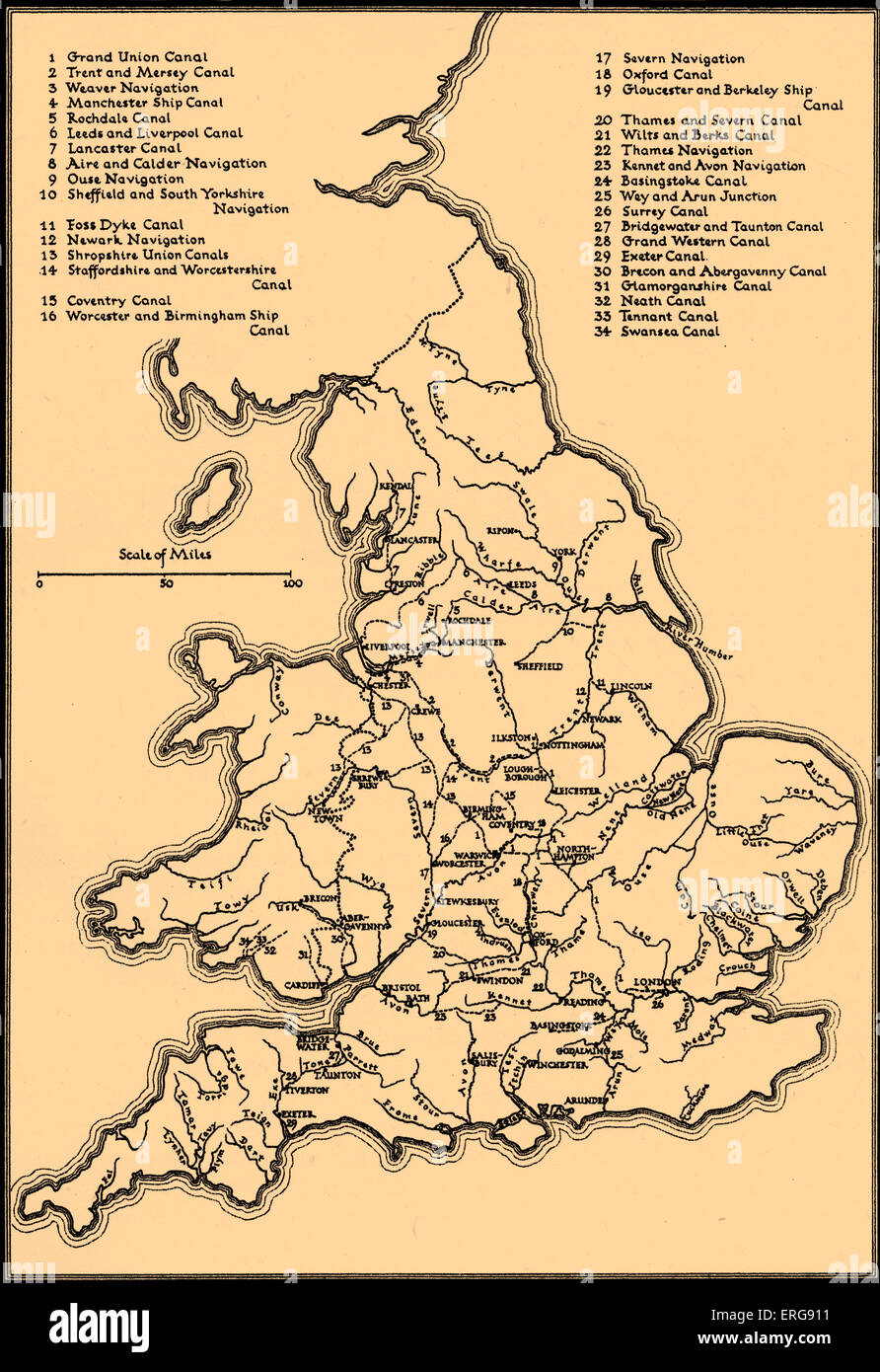Karte der wichtigsten Flüsse und Kanäle in England. Stockfoto