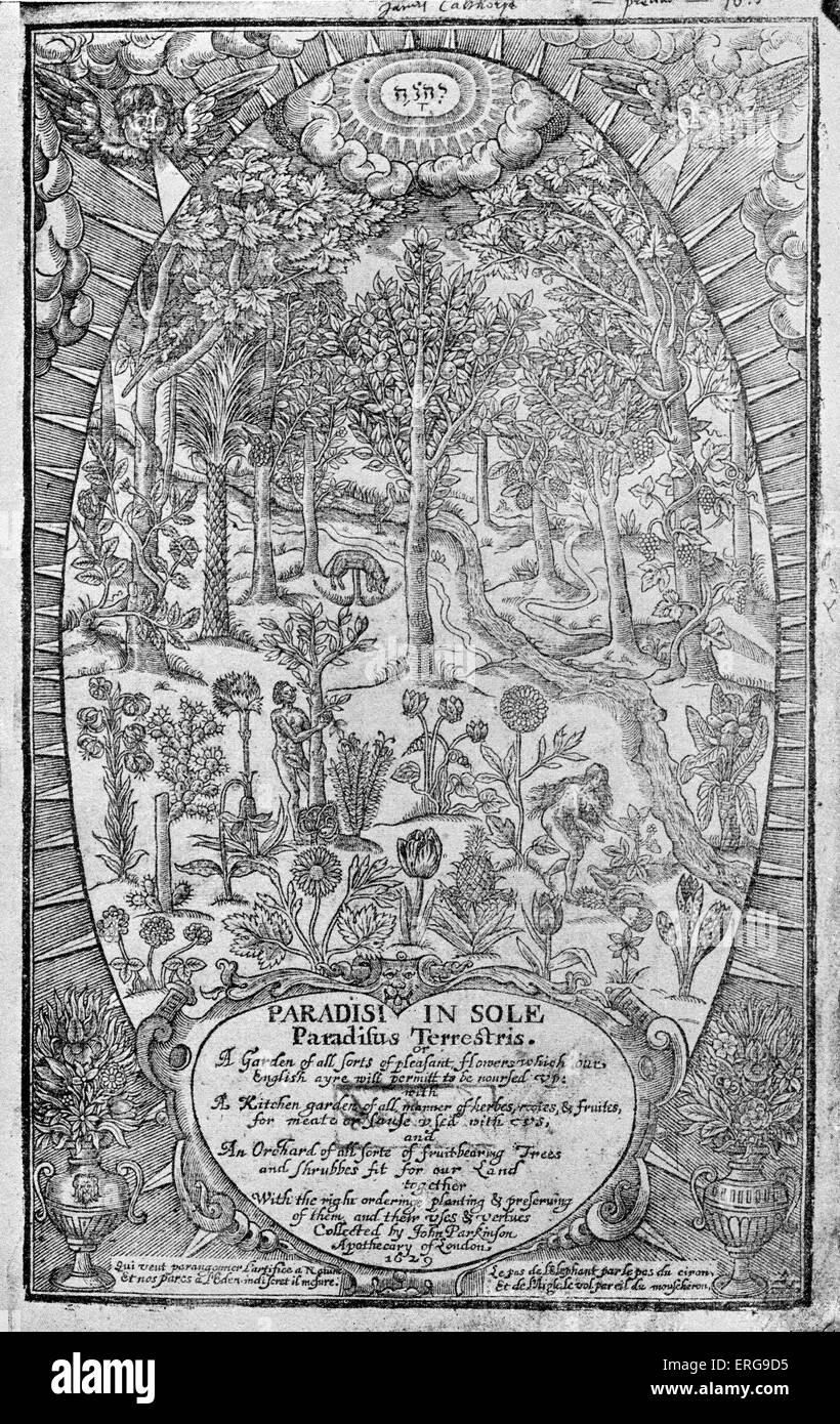 John Parkinson "Paradisus", Deckblatt 1629. "Vollständiger Titel: Paradisi in Sole Paradisus Terrestris: oder A Garten von allen möglichen Stockfoto