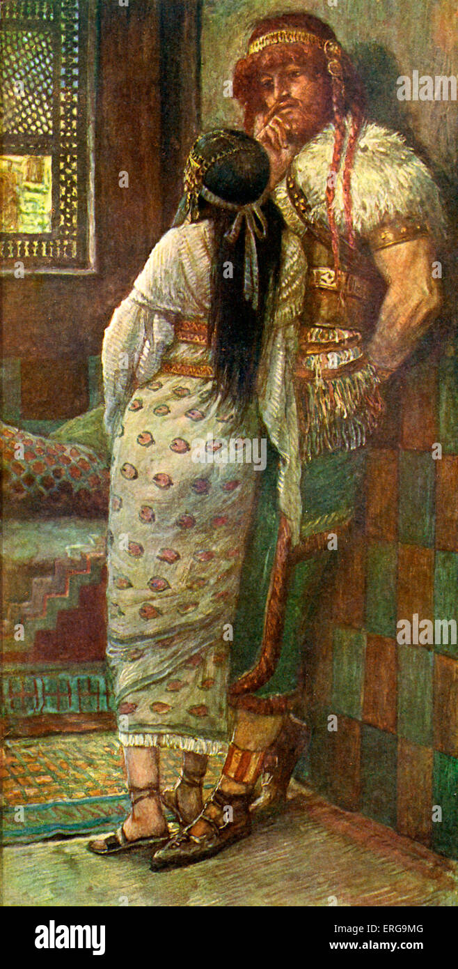 Samson und seine Frau von James Tissot J. Illustration zum Buch der Richter, 14.16: ' und Samsons Frau weinte vor ihm und sagte, du willst aber hassen mich und liebst mich nicht: Du hast ein Rätsel den Menschenkindern meines Volkes streckte, und hast mir nicht gesagt, es ". JT: Französischer Maler, 15. Oktober 1836 – 8. August 1902 Stockfoto