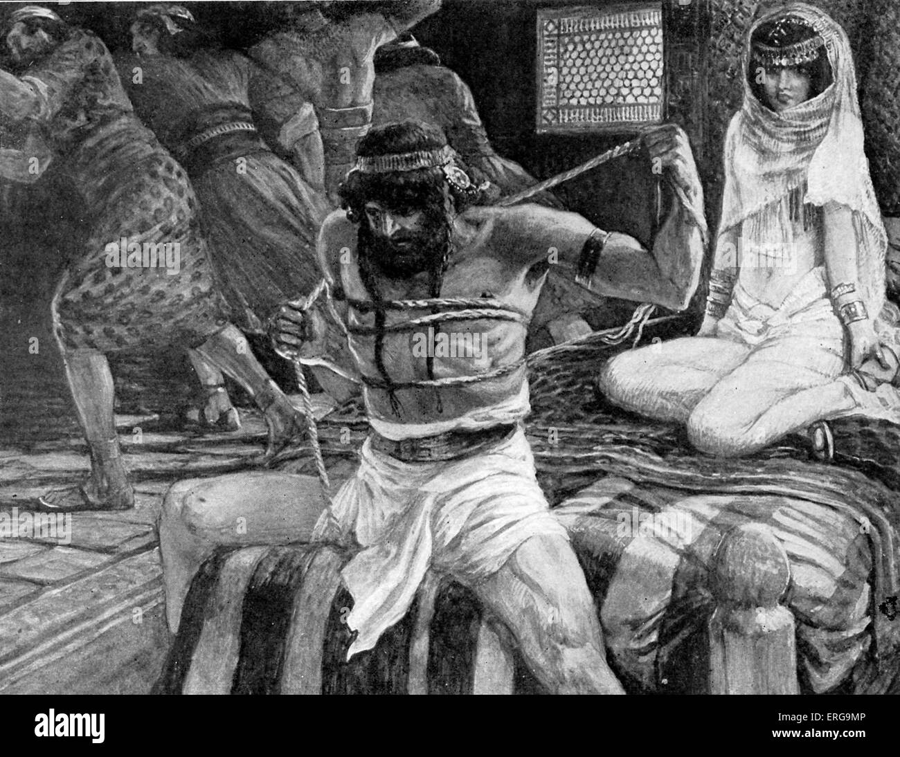 Samson bricht seine Schnüre von J James Tissot. Illustration zu dem Buch der Richter 16,9: "Nun gab es Männer liegen auf der Lauer, mit ihr in der Kammer bleiben. Und sie sprach zu ihm: die Philister sei mit dir, Samson ". JT: Französischer Maler, 15. Oktober 1836 – 8. August 1902 Stockfoto
