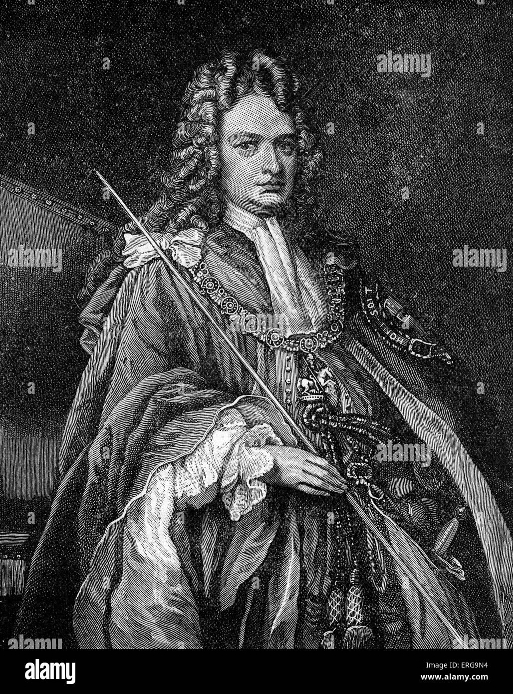 Robert Harley, 1. Earl of Oxford (5. Dezember 1661 – 21. Mai 1724), nach dem Porträt von Sir Godfrey Kneller. Britischer Politiker und Staatsmann des späten Stuart und frühen georgischen Zeiten; begann seine Karriere als ein Whig, bevor defecting zu einem neuen Tory-Ministerium. Diente als erster Lord des Schatzamtes, effektiv Queen Annes Hauptminister, zwischen 1711-1714. Stockfoto