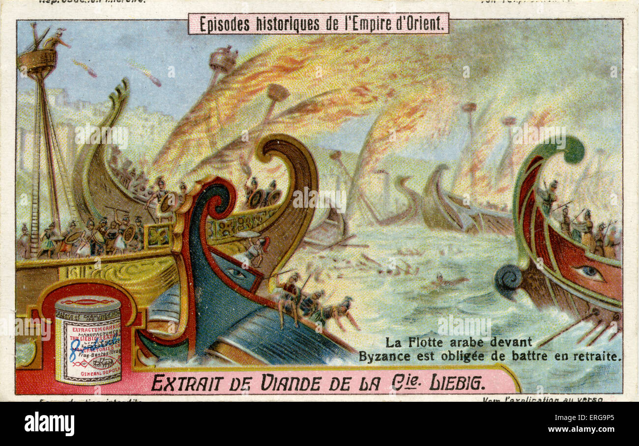 Arabische Flotten nähert sich Byzanz sind gezwungen, sich zurückzuziehen, 672. Liebig Serie: Episoden Historiques de l ' Empire d ' Orient, Stockfoto