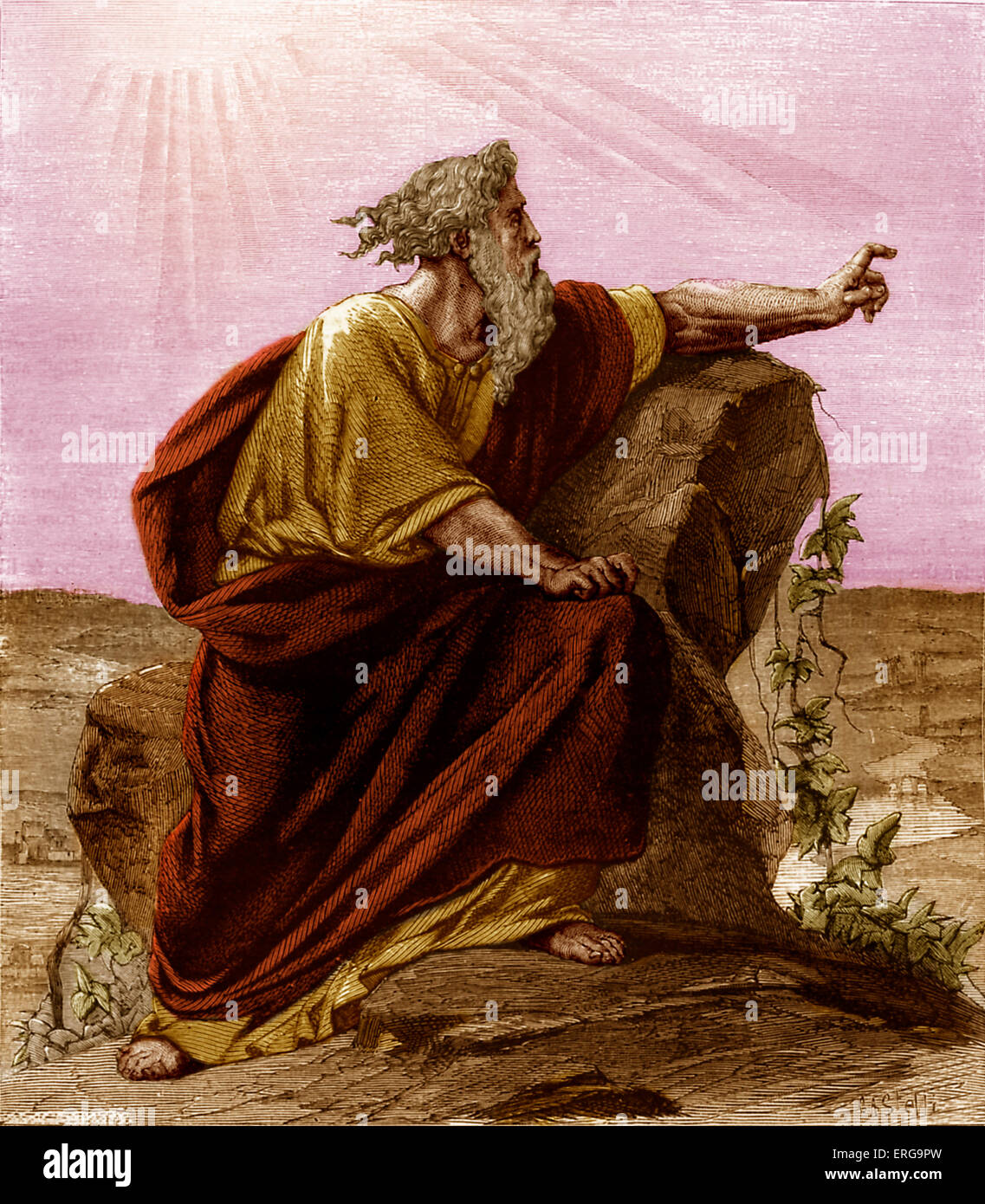 Moses das gelobte Land von Pisgah, anzeigen mount Nebo. Deuteronomium, Kapitel XXXIV. Stockfoto