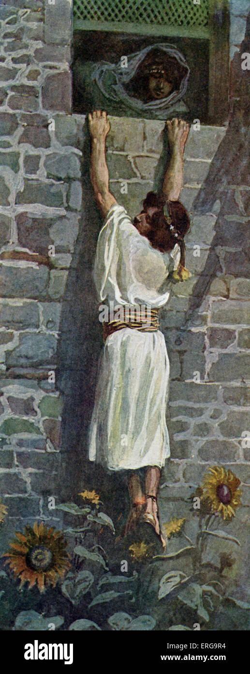 David macht seine Flucht von James Tissot J. Illustration zum Buch von Samuel (I), 19.12.: "So Michal David durch ein Fenster im Stich lassen: und er ging, und floh und floh". Nach Sauls Versuch, ihn zu töten flieht David mit Hilfe seiner Frau Michal. JJT: Französischer Maler, 15. Oktober 1836 – 8. August 1902. Stockfoto