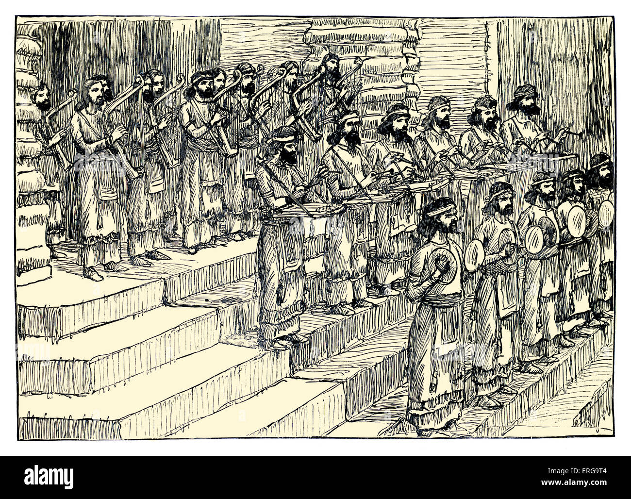 Die Musiker von J James Tissot. Illustration zum Buch der Chronik I, 15,5: "und diese waren die Söhne von Heman des Königs Seher Stockfoto