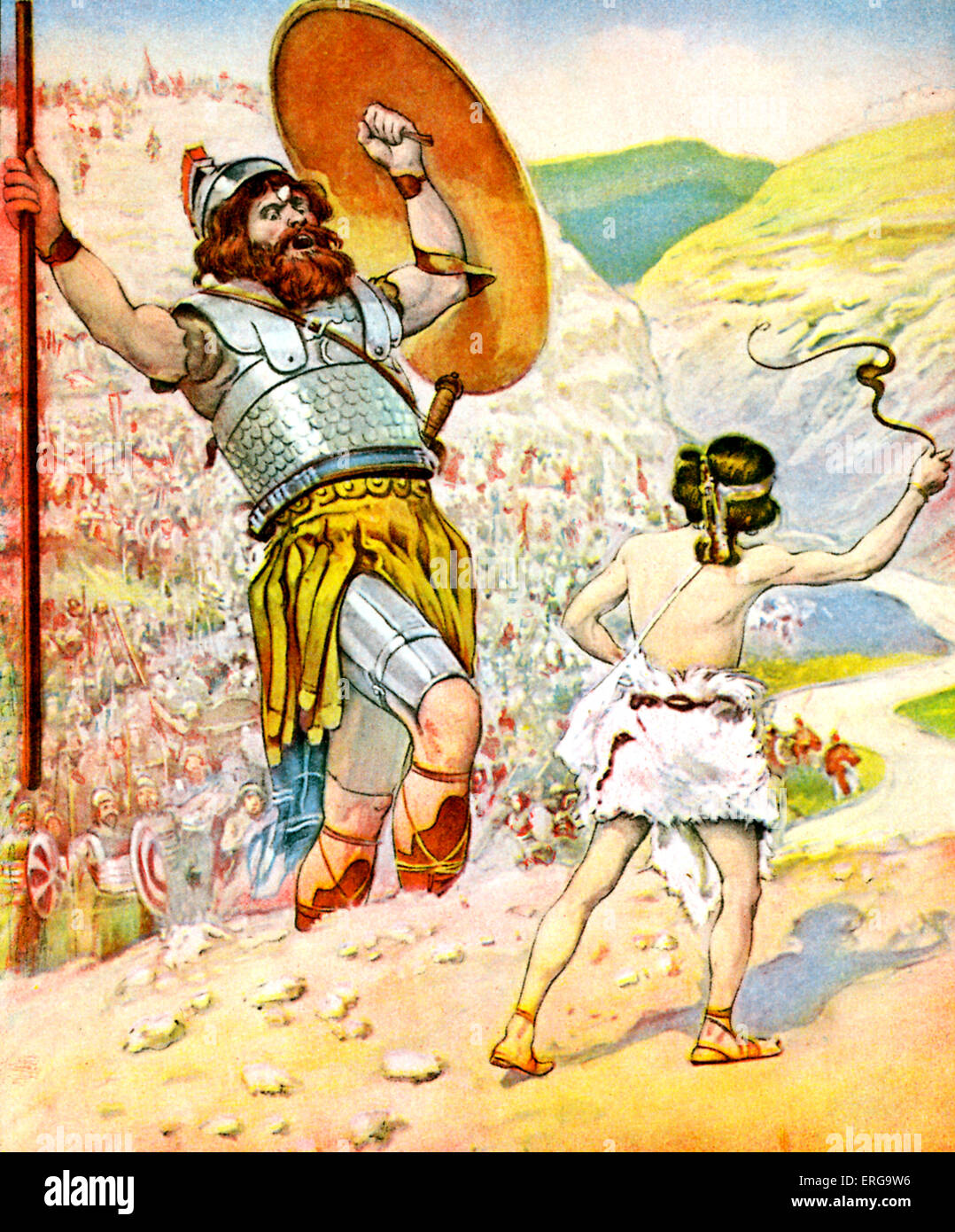 David Schlingen die Stein bei Goliath - nach Abbildung von J James Tissot. Illustration zum Buch von Samuel (I), 17,49: "und David Stockfoto