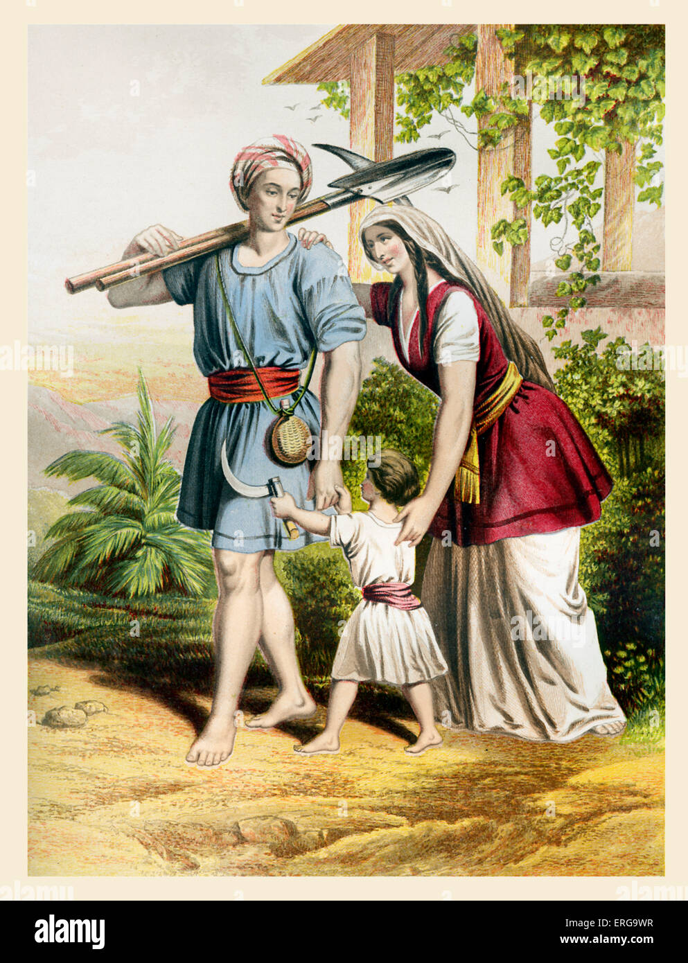 Psalm 104 - Illustration zu Zeile 23: "Mann Göth her seine Arbeit und seine Arbeit bis zum Abend". Farblitho Stockfoto