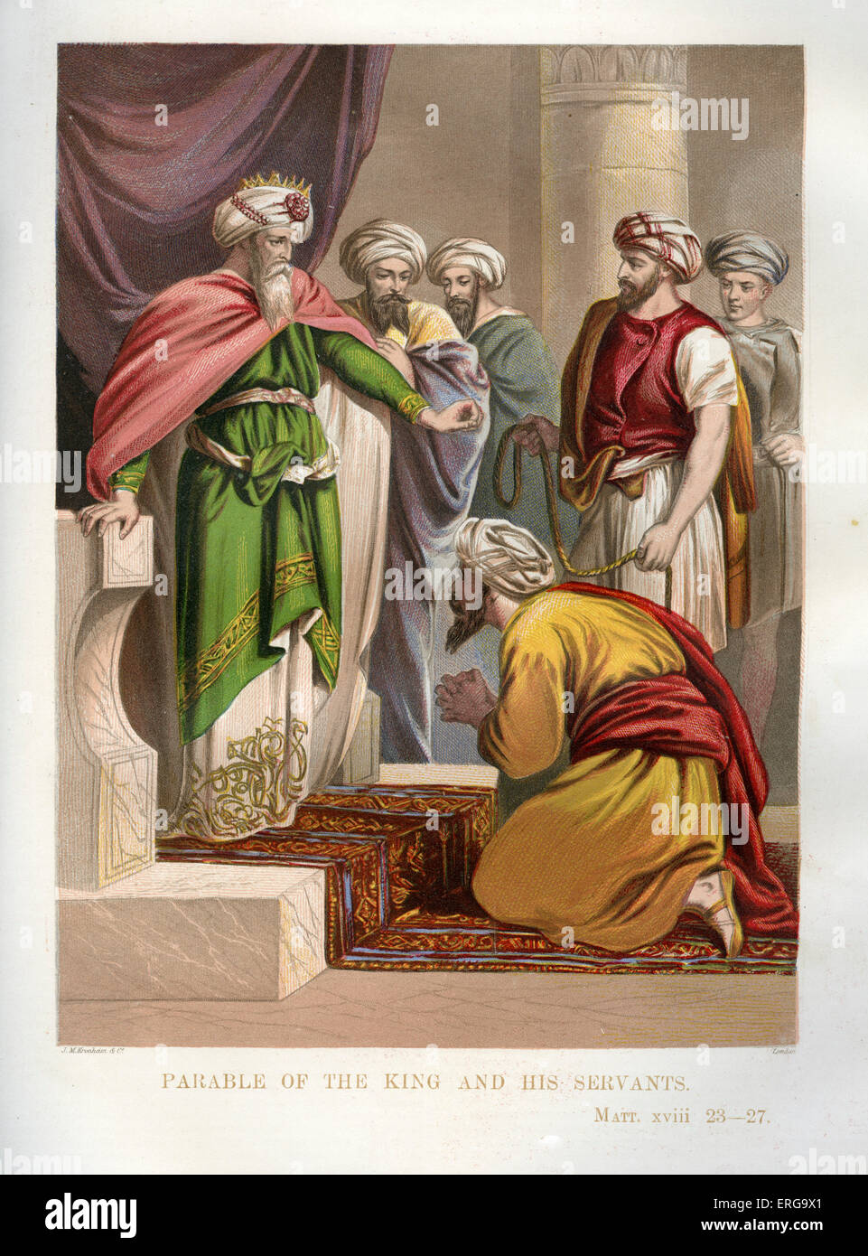 Gleichnis vom unbarmherzigen Knecht. Illustration zu Matthäus 18. 23 - 27. Gleichnis von Jesus. Stockfoto