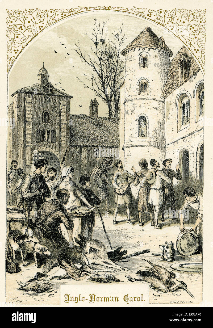 Anglo-Normal Carol - Illustration von Birket Foster, 1872.  Musiker, die auf der Suche nach Weihnachten reisen. Stockfoto