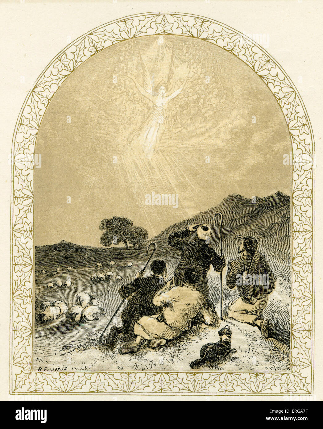 Angel erscheint Hirten - Krippe. Illustration von Birket Foster, 1872. Der Engel verkündet die Geburt Jesu in Stockfoto