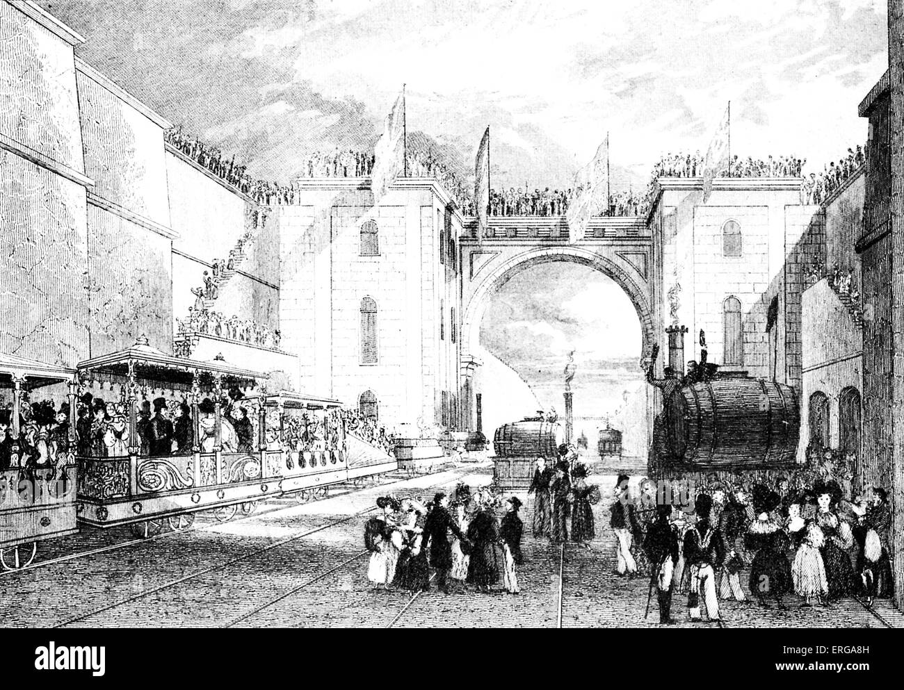 Einweihung der Bahn zwischen Liverpool und Manchester, 15. September 1830. Der offizielle Konvoi wurde vor der "maurische Bogen" am Bahnhof Liverpool beendet. Nach der Gravur von I. Shaw. Stockfoto