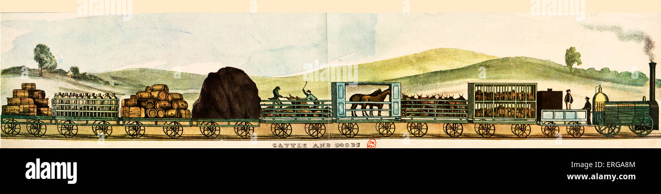 Züge auf der Liverpool-Manchester Eisenbahn: waren und Vieh Kutschen und Wagen gezogen von Lok "Liverpool" Stockfoto