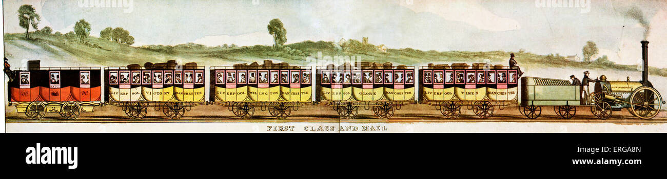 Züge auf der Liverpool-Manchester Eisenbahn: Wagen für Fist-Class-Passagiere, gezogen von Lok "Northumbrian", Desinegd durch Stockfoto