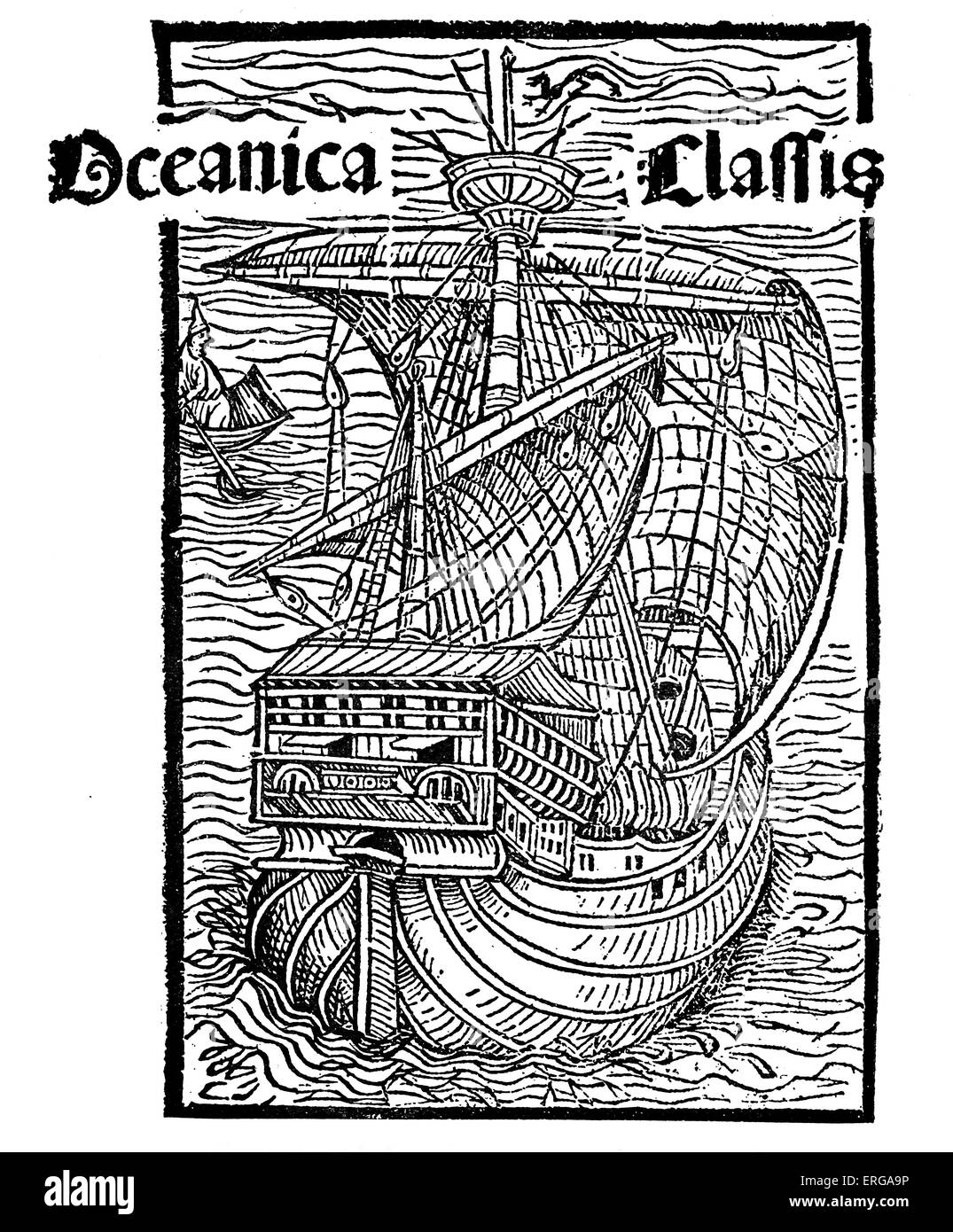 "Oceanica Classis" - Gravur des Schiffes in Christopher Columbus-Flotte in "Entdeckung" Amerikas verwendet.   CC: Explorer, Stockfoto