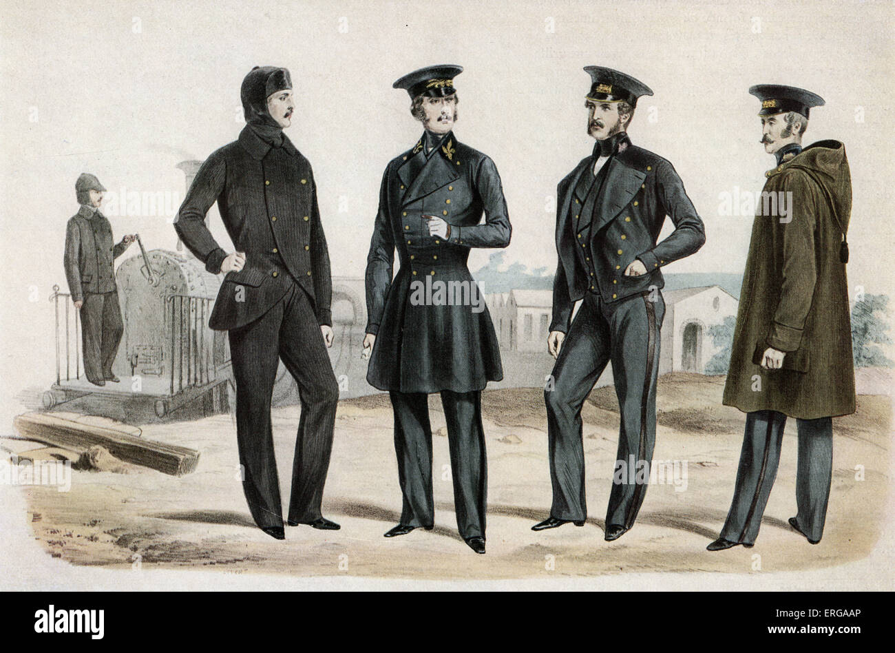 Uniformen, Saint-Deutsch und Versailles Eisenbahn 1840-Mitarbeiter: Fahrer, Mechaniker, Inspektor der Traktion Dienstleistungen und zwei weitere Stockfoto