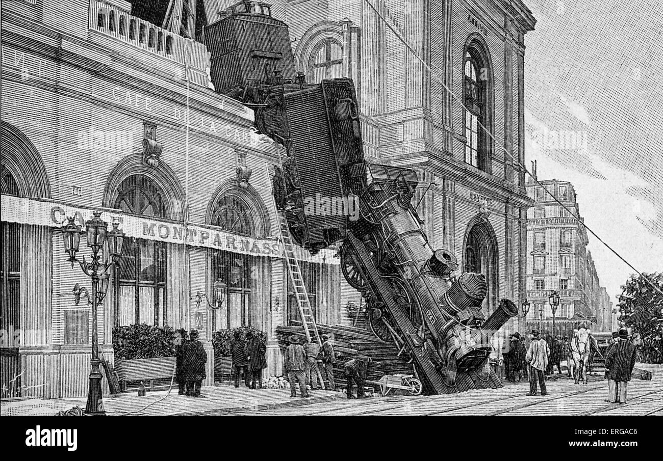 Eisenbahnunfall am Gare Montparnasse Paris, 22. Oktober 1895 durch ein Versagen der Bremse verursacht.   Zug Spur überrannten und stürzte über Stockfoto