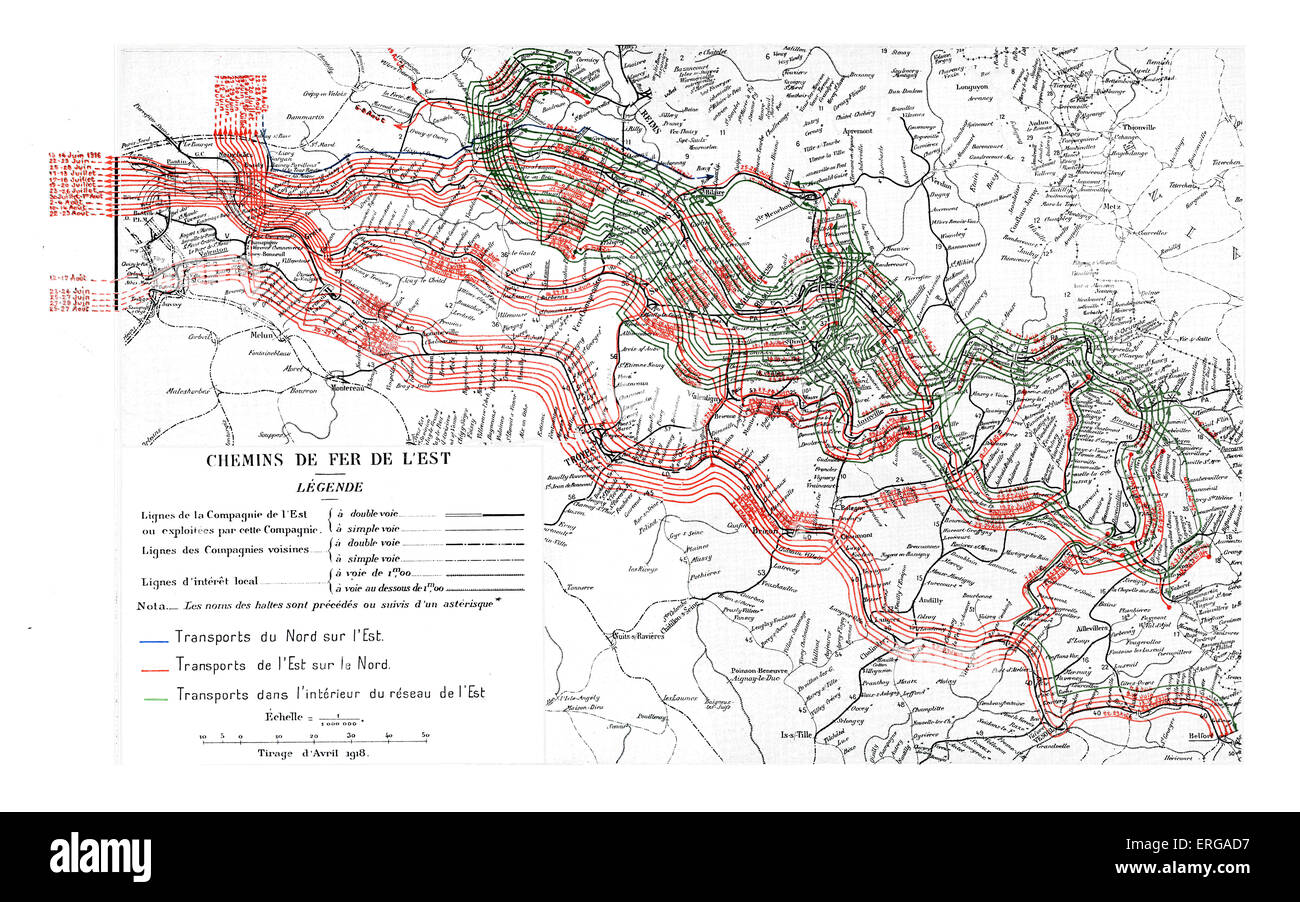 Karte für den Eisenbahnverkehr für die Truppen in der Schlacht um Verdun (für den Zeitraum 6 Juni bis 31. August 1916) während der ersten Stockfoto