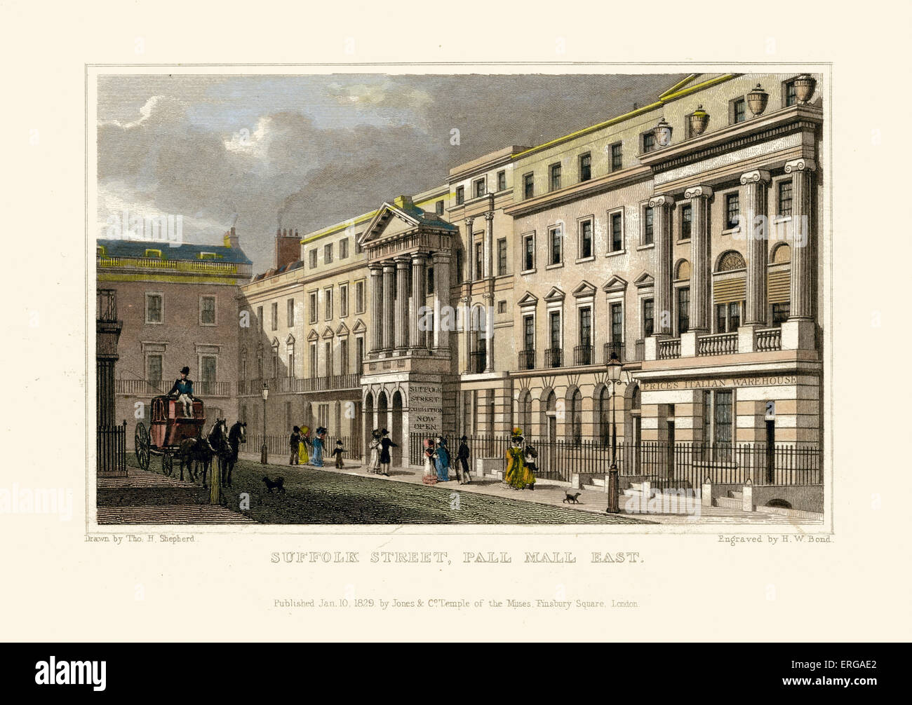 London-Ansichten: Suffolk Street, Pall Mall East. Gezeichnet von Thomas Hosmer Shepherd 1792 – 1864. Gestochen von W, Bond. 10. Januar 1829 veröffentlicht. Hand-gefärbt Stockfoto