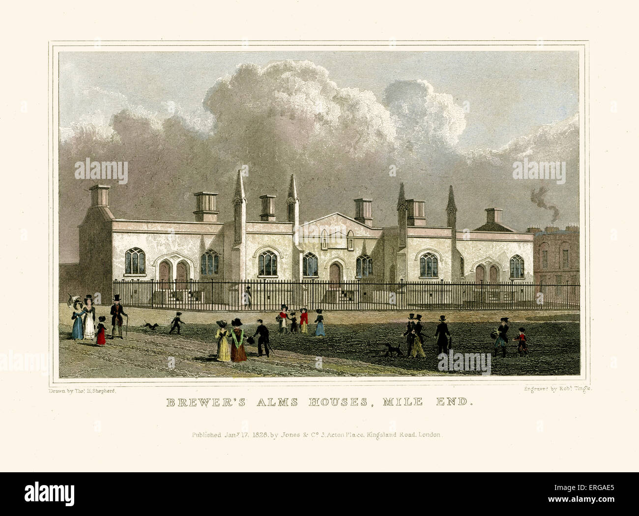 London-Ansichten: Brewer es Almosen Häuser, Mile End.  Gezeichnet von Thomas Hosmer Shepherd 1792 – 1864. Von Robert Tingle graviert. Stockfoto